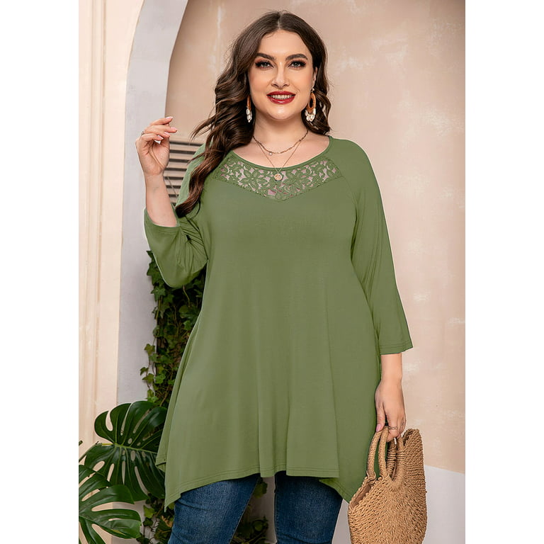 SHOWMALL Plus Size Maternity Clothes 3/4 Sleeve Army Green 1X Swing Tunic  Top Lace Clothing Crewneck Blouse Loose T Shirt for Leggings 
