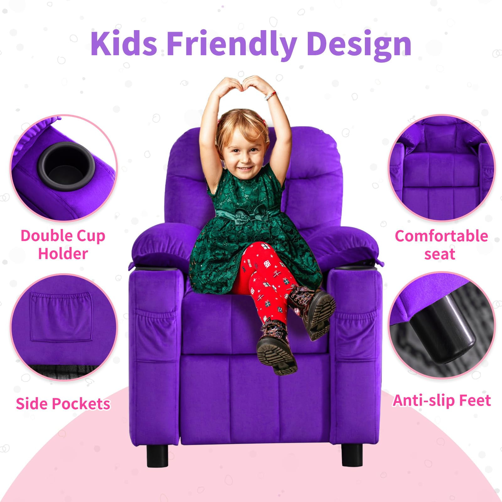 Linor Kids Recliner Chair, Adjustable Velvet Lounge with Cup Holder, Footrest, Side Pockets, Purple