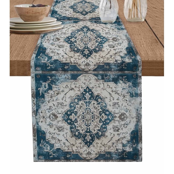Boho Flower Blue Gray Table Runner 36 Inches, Retro National Floral Textured Bed Runner Dresser Scarves Tabletop for Indoor Outdoor Parties/Ceremony/Banquet, 13"x 36"