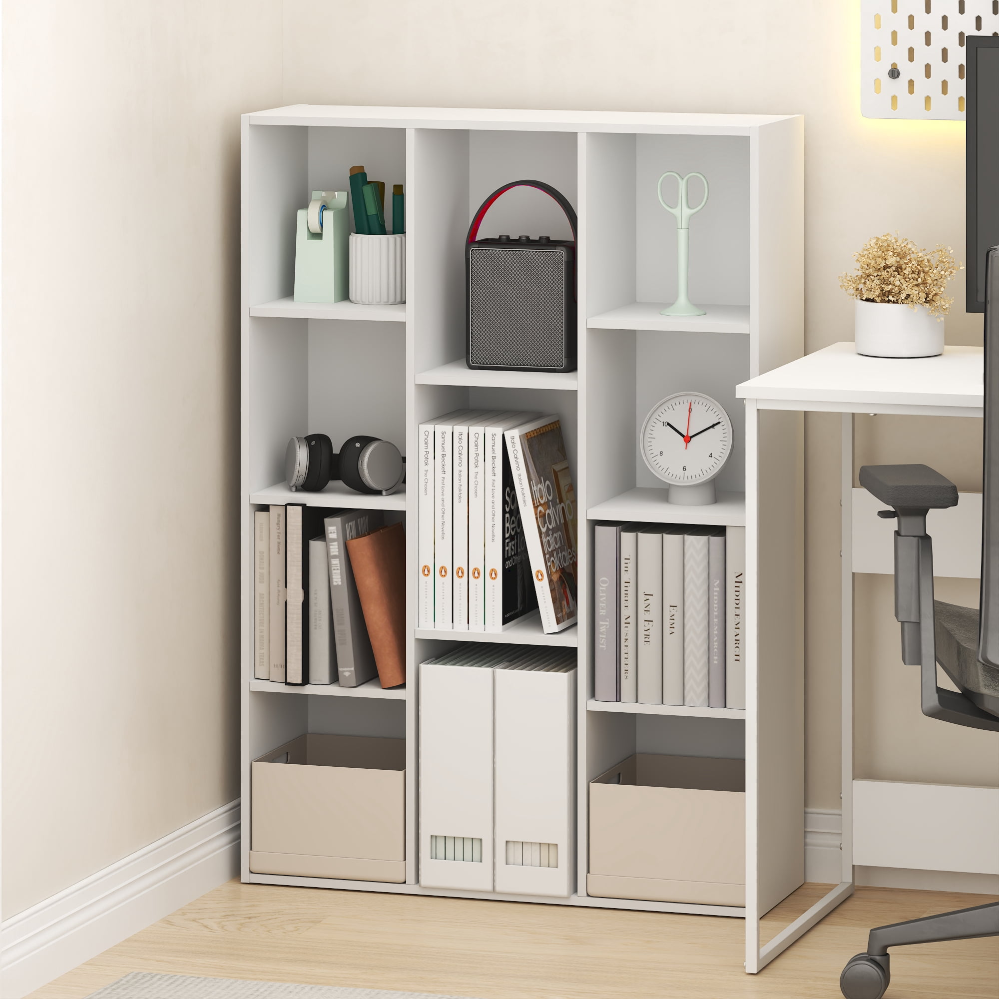 Furinno LUDER Book Shelf, 11-Cube Bookcase, Standing Bookshelf, Open Storage Shelf, Closed Back, Easy Assembly, 9.4 x 29.1 x 41.7 Inches, for Home Office, Living Room, Plain White