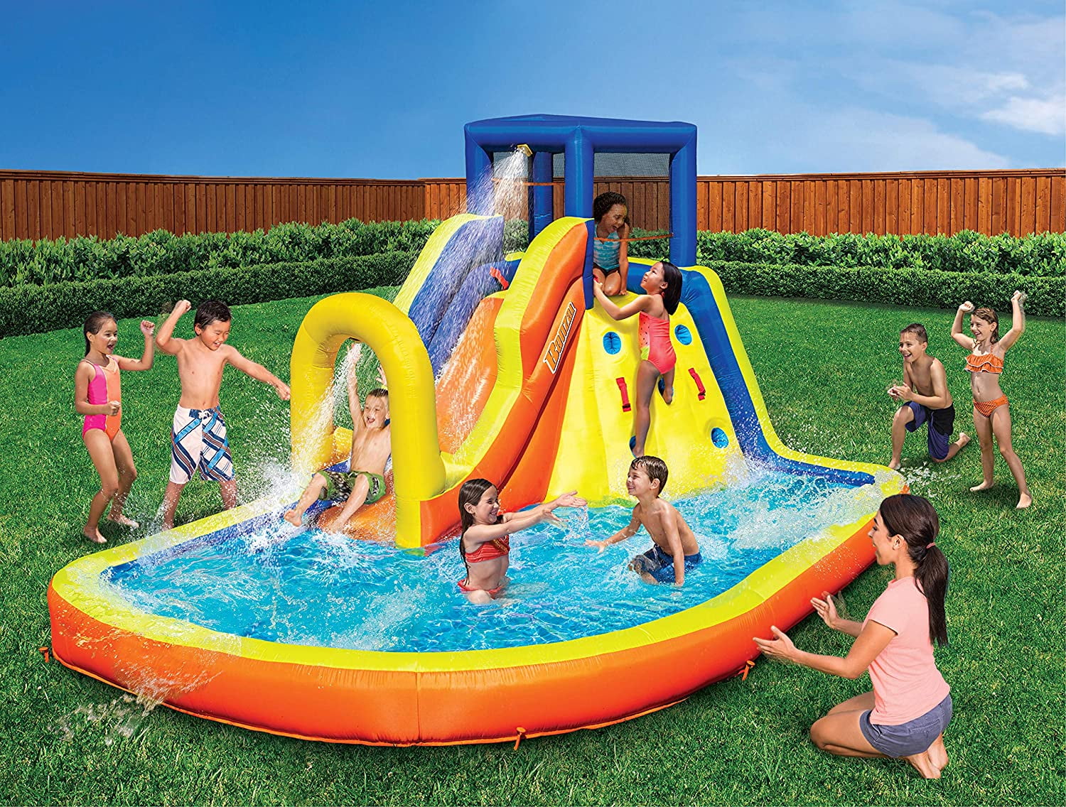 Banzai Inflatable Water Slide & Bounce House (Combo Pack)- Huge Heavy Duty Summer Outdoor Kids Adventure Park Pool w Sprinkler Wave and Slide Plus Large Bonus 12â€™x9 Bounce House- Free Blower