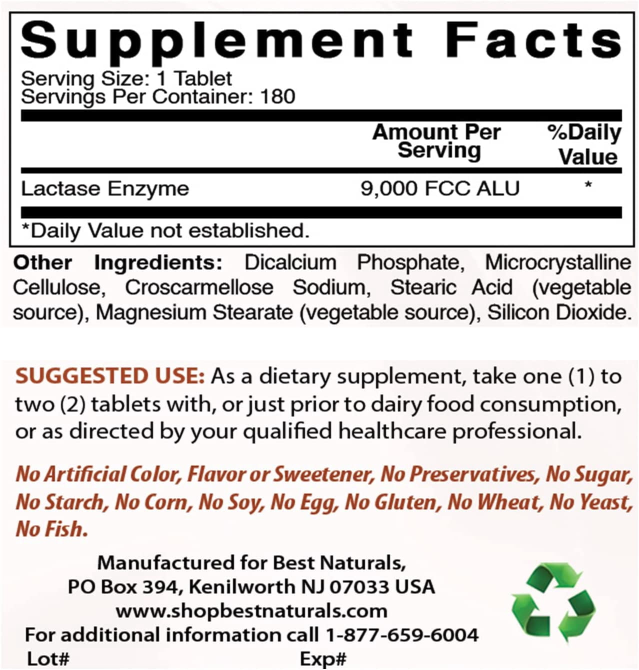 (2 pack) Best Naturals Lactase Enzyme 9000 FCC ALU  180 Tablets, Fast Acting Relief