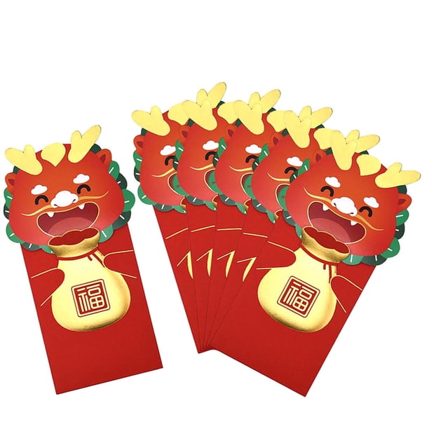6 sobres rojos de año Nuevo 2024, paquetes rojos del año del Dragón, Hong Bao creativo decorativo para suministros de fiesta, Festival de Primavera Patrón de bolsillo de dinero
