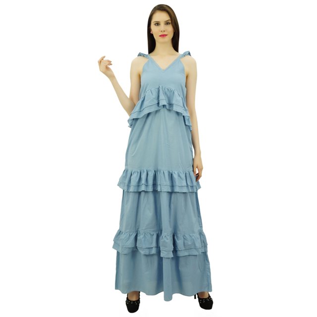 Bimba Robe d'Été Sexy à Bretelles Spaghetti Col en V Décontractée à Volants Longue Robe de Plage
