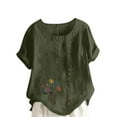 thumbnail image 2 of Shirts for Women under $10 Short Sleeve Round-Neck Floral Printed Button Casual T-shirt Army Green S, 2 of 4