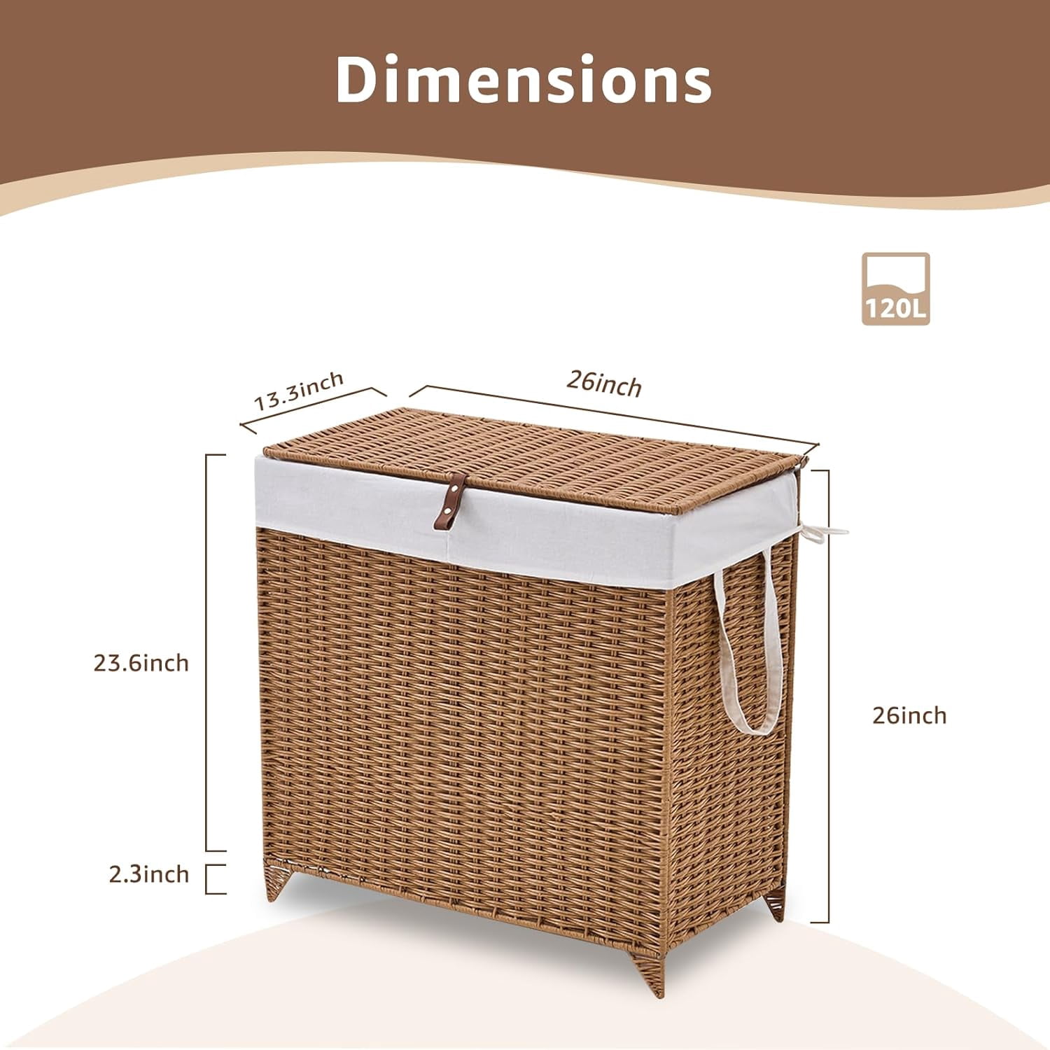 Casa Pura Furniture Adult Natural Hyacinth Wicker Heightened Feet Laundry Hamper with Lid & Removable Liner Bag, Brown