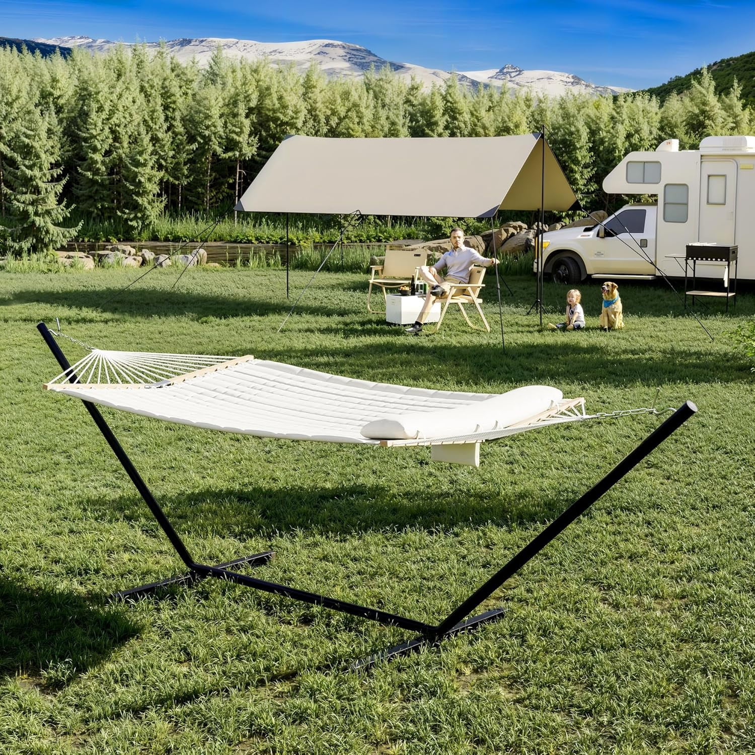Steel Frame 2-Person Hammock Suite with Stand, Heavy Duty 450Lb Capacity, Quilted Polyester & Net Design, Includes Storage Bag - for Backyard, Patio, Camping