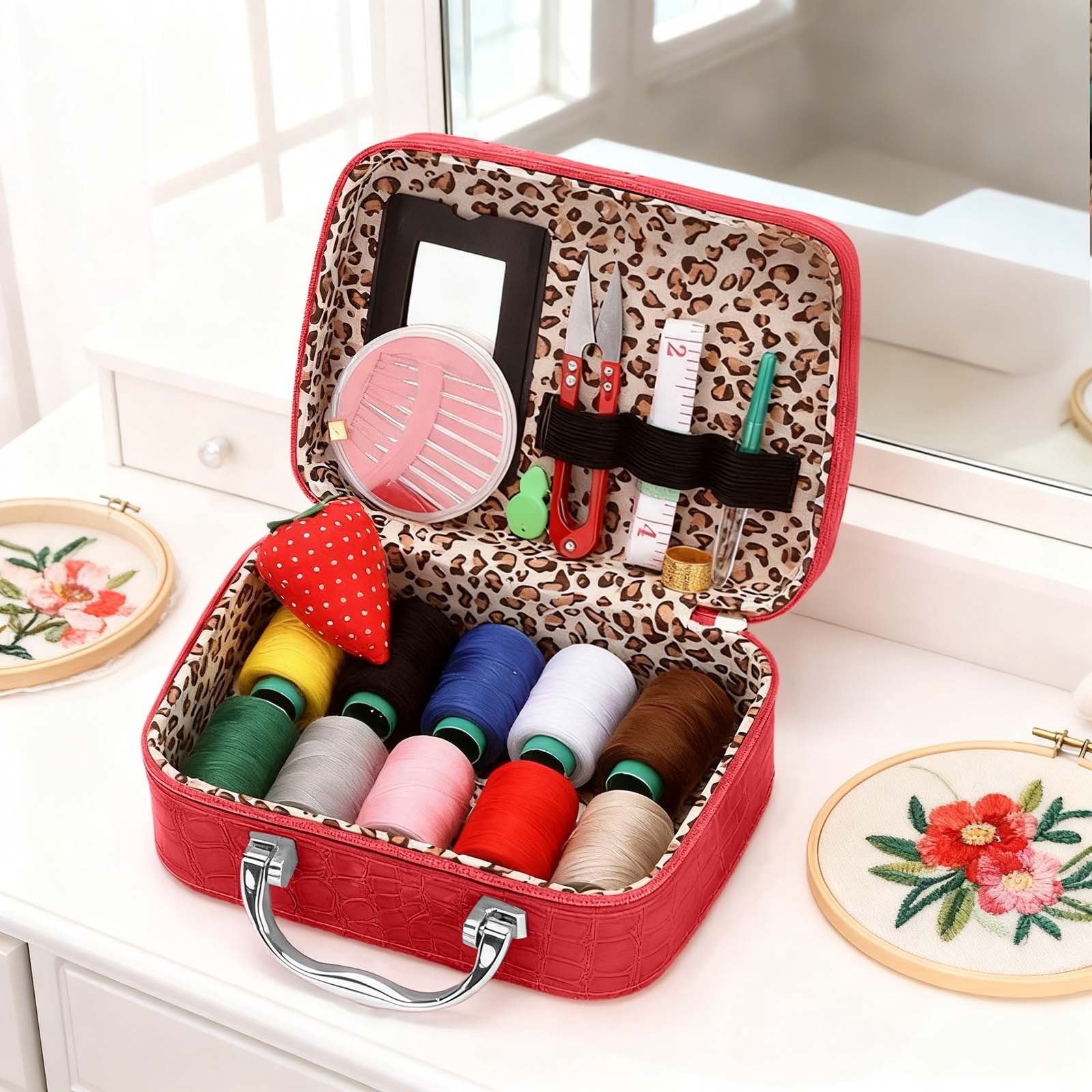 Complete Sewing Kit with Storage Case, Portable DIY Needlework Set,with Thread, Needles, Scissors, Tape Measure & Accessories, for Beginners & Crafters-Red