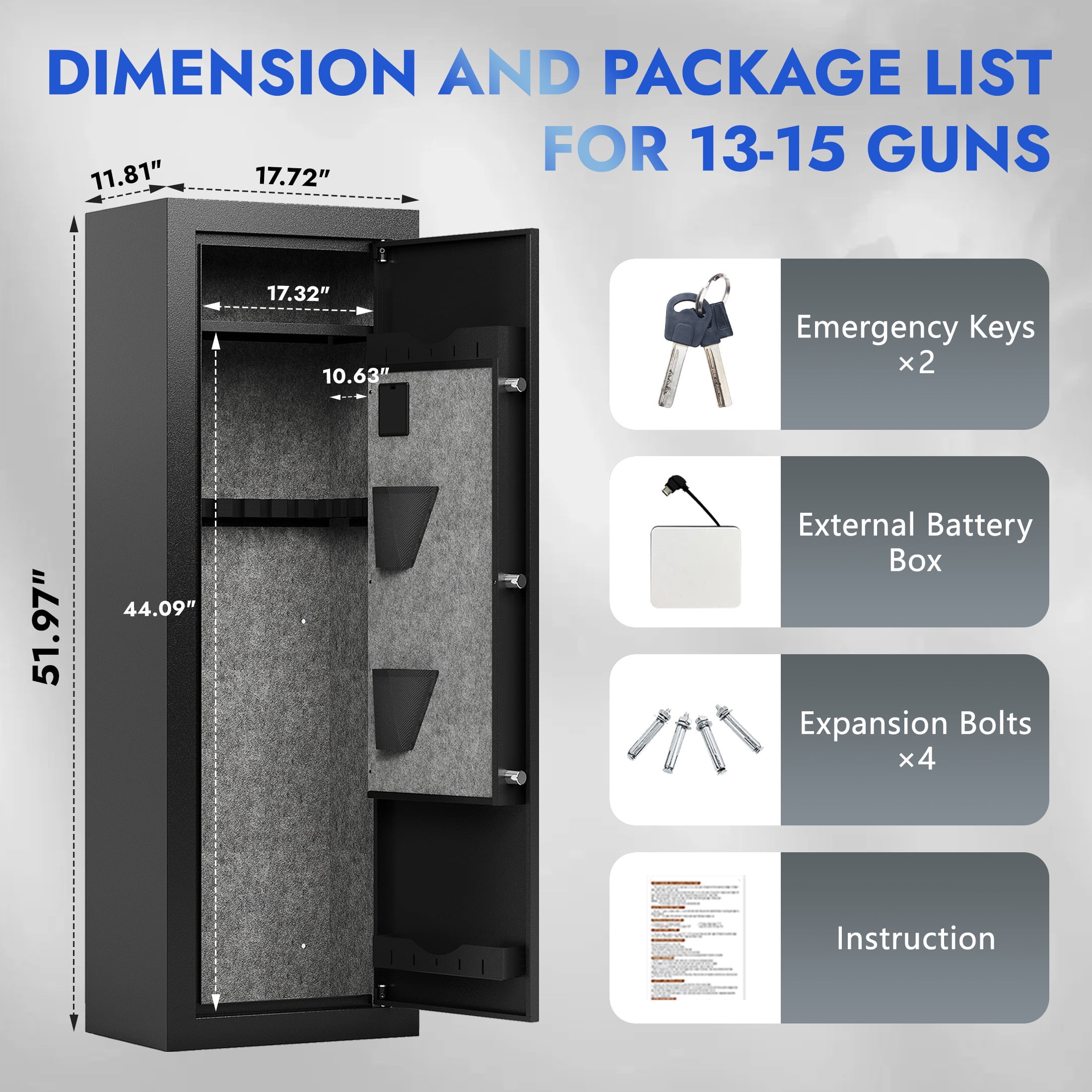 KAER 13-15 Assembled Gun Safe, Quick Access Biometric Gun Safe for Rifle and Pistol, Large Heavy-Duty Gun Cabinet for Shotgun with Removable Shelf & Gun Rack