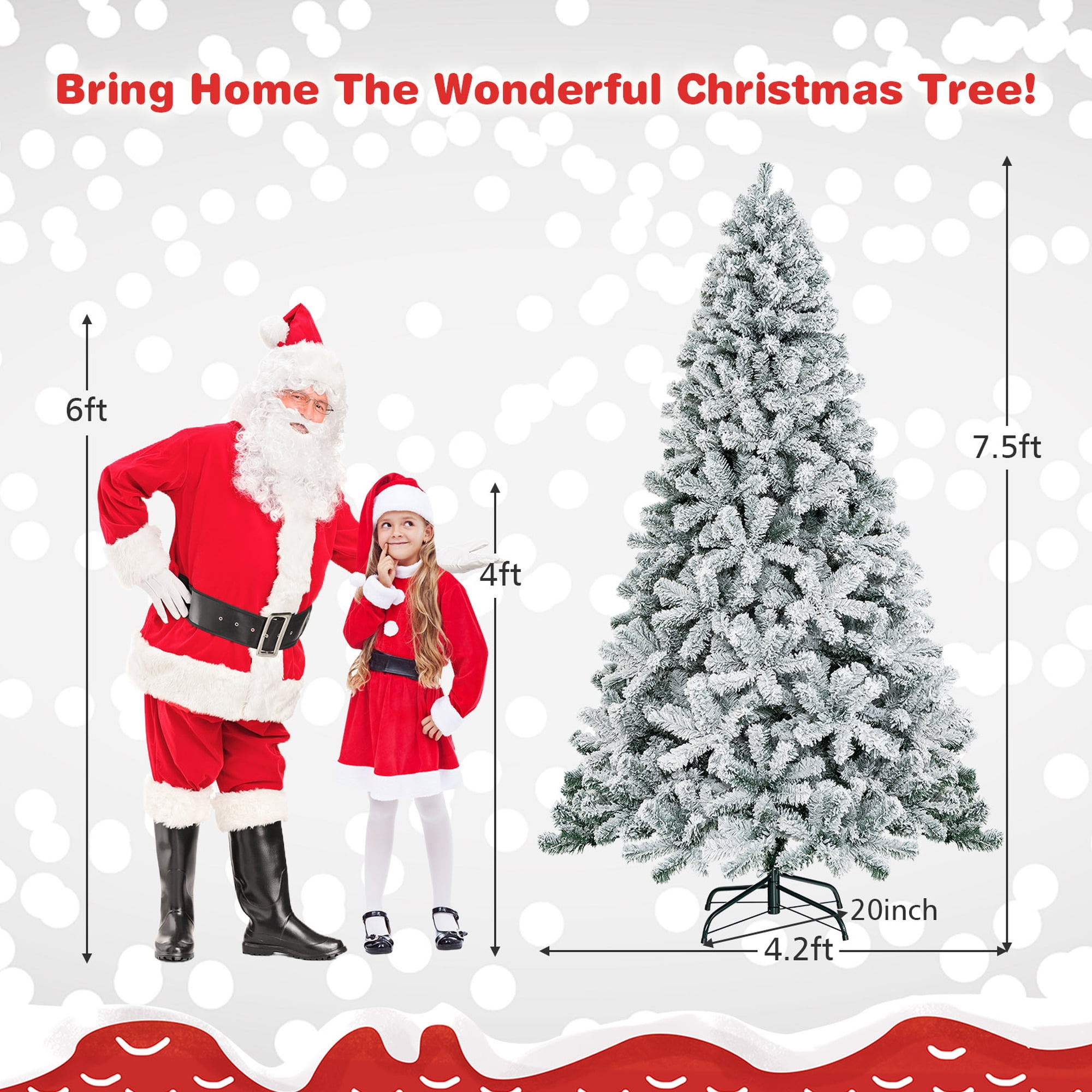 Costway, Christmas Tree, 7.5ft, White flocked, hinged sections