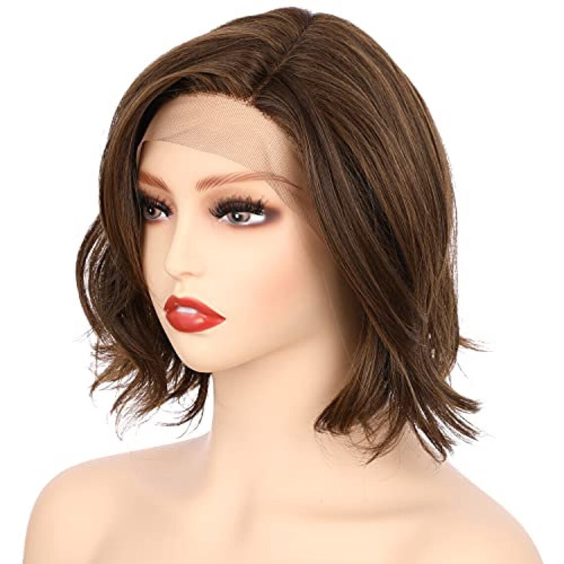 Onedor 10 Inch Side Part Lace Front Short Wavy Hair Bob Wigs for Women (Medium Brown Evenly Blended with Warm Medium Brown)