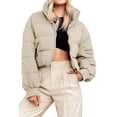 thumbnail image 1 of Seyurigaoka Women Cropped Puffer Jacket Winter Quilted Padded Zip Up Coat Long Sleeve Stand Collar Lightweight Outerwear Zipper Pockets, 1 of 5