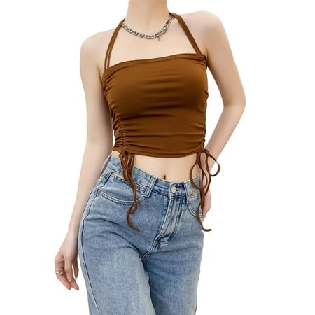 Thaisu Summer Women Ruched Crop Top Sleeveless Halter Neck Solid Color Drawstring Camisole Basic Clothes Streetwear Beach Party