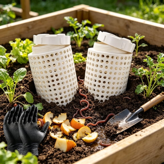 ACDANC Inground Worm Composter,Outdoor Worm Farm Compost Bin Kit with Lid for Raised Garden Beds,Reducing Food Waste Composting Systems-With Gloves & Shovel(10.24 * 4.3 * 4.3 in (2 Pcs))