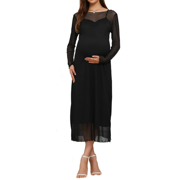 INSPIRE CHIC Vestido de Maternidad de 2 Piezas para Mujeres con Malla y Costura Lateral Ajustada para Invitadas de Boda, Fiesta de Cóctel, Embarazo, Talla XL, Negro