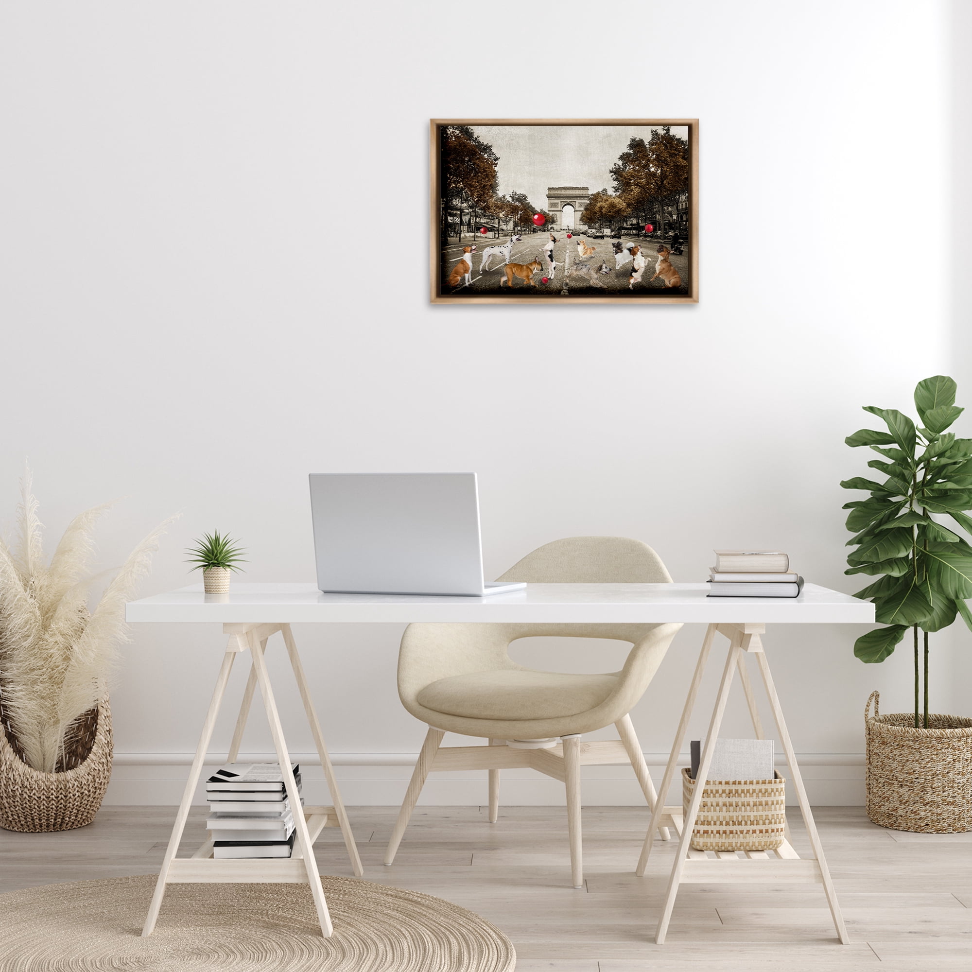 Stupell Industries Dogs Playing Among Architecture Animals & Insects Painting Brown Floater Framed Canvas Art Print Wall Art, 25 x 17