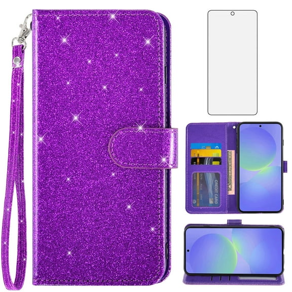 Asuwish Compatible with Samsung Galaxy A36 5G Wallet Phone Case and Tempered Glass Screen Protector Flip Credit Card Holder Stand Bling Glitter Cell Cover for A 36 36A LTE SM-A366U Women Men Purple