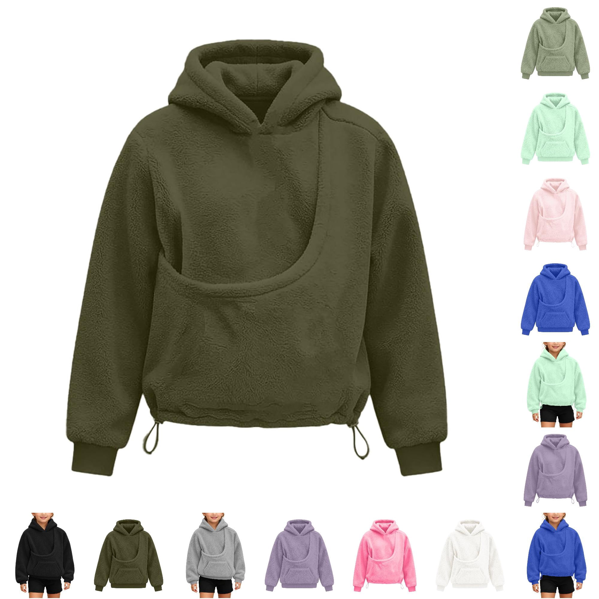VBEWZET Pet Pocket Hoodie Girls Puppy Cat Print Hooded Sweatshirt Long Sleeve Shoulder Strap Pocket Casual Fall Pullover Army Green-A 11-12 Years