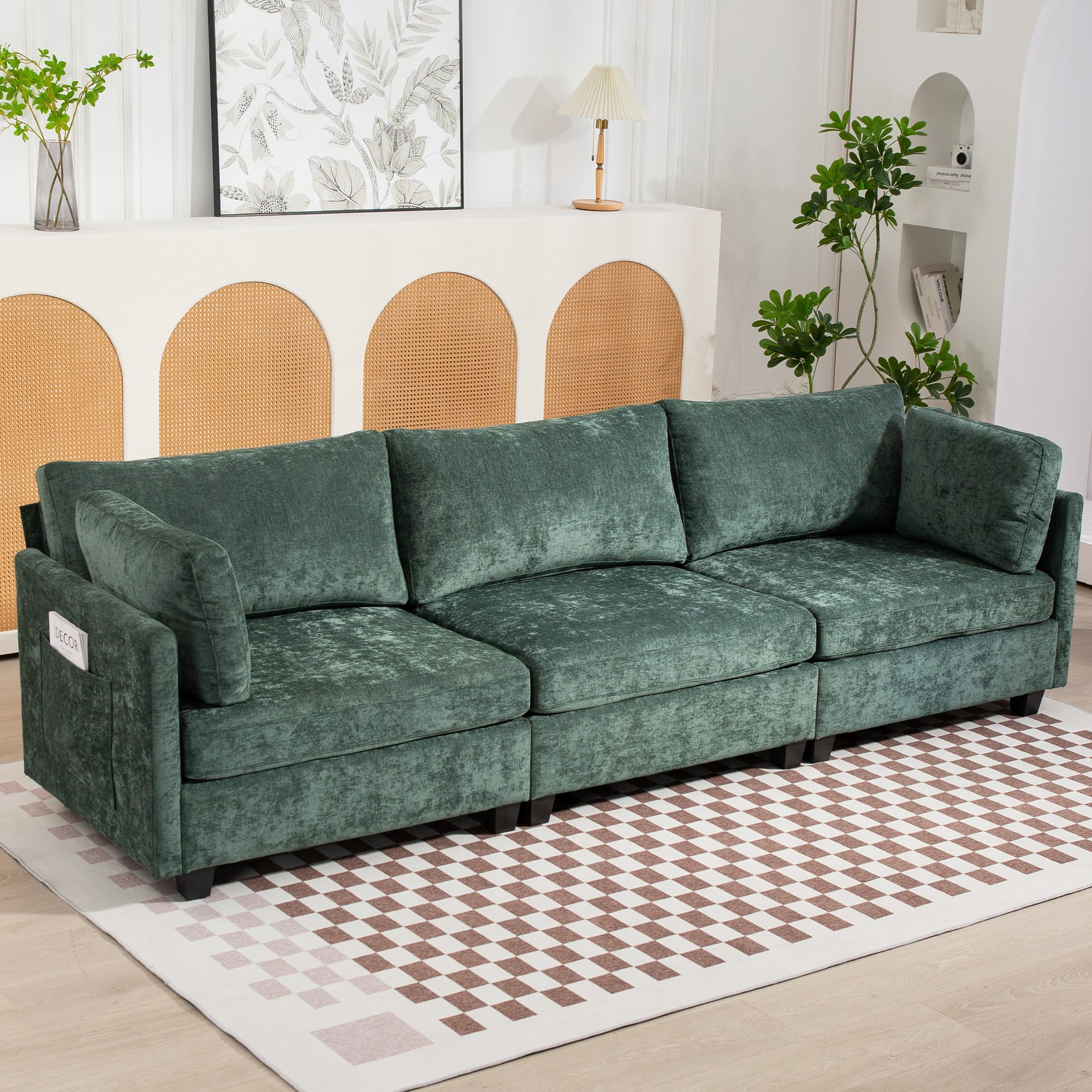 111.42" Corduroy Sofa,3 Seater Sofa with Extra Deep Seats,Upholstered Couch with Side Pocket for Living Room,Apartment,Office,Dark Green