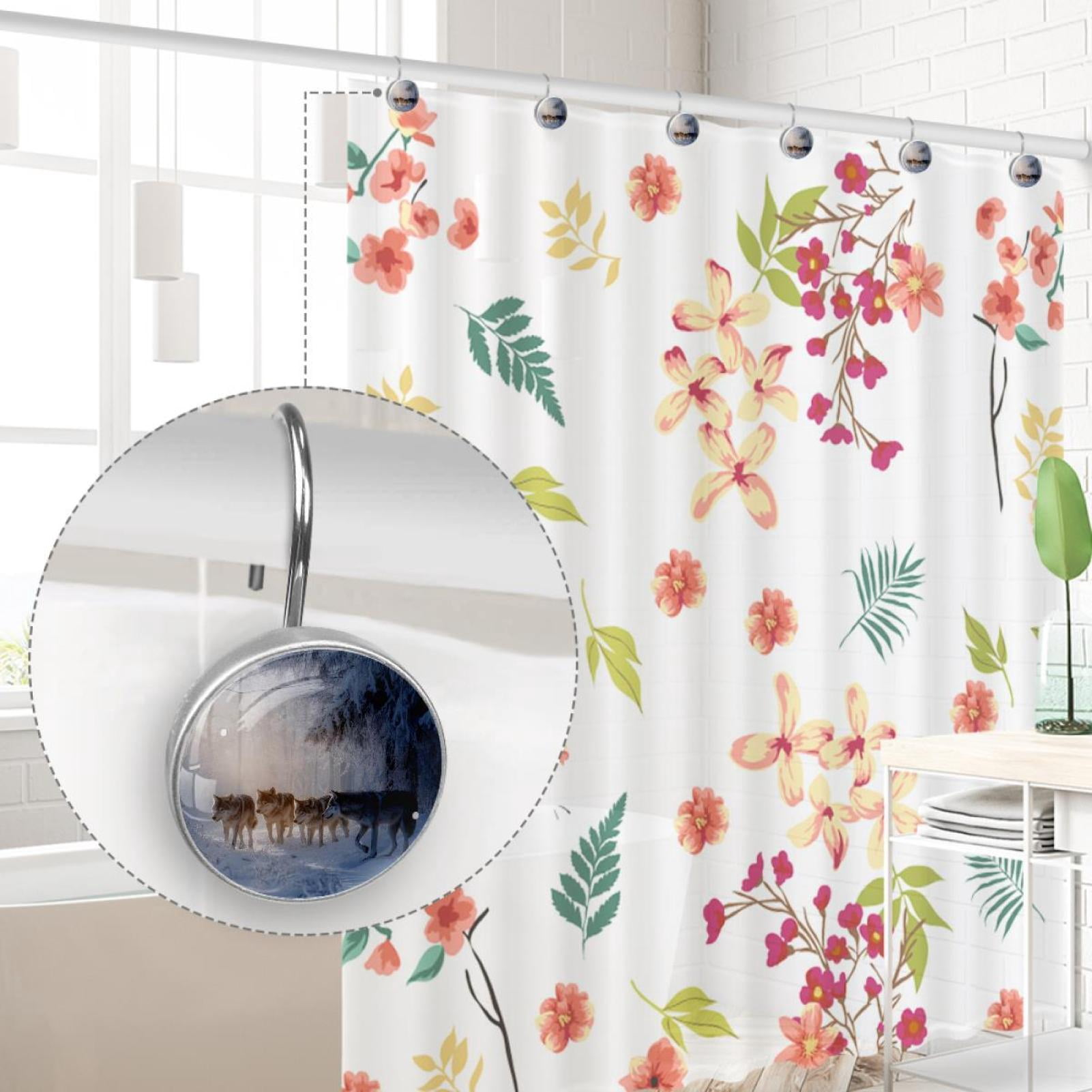 Wolves on Cold Forest Shower Curtain Hooks Round Crystal Glass, Set of 12 Shower Curtain Rings - Shower Hooks for Curtain Shower Rings