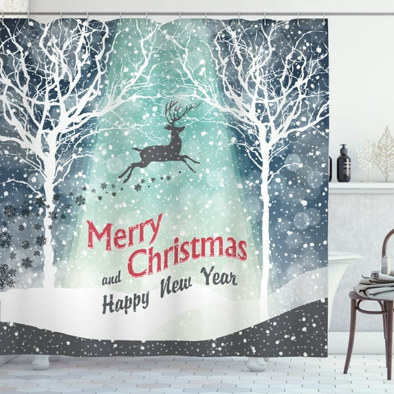 Ambesonne New Year Shower Curtain, Flying Reindeer Snow Woods, 69"Wx75"L, Multicolor