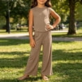 thumbnail image 6 of THDHVS Girls Fall Outfits,Girls Ribbed Sleeveless Round Neck Top Wide Leg Pants Summer Stretchy Casual 2 Piece Set,Toddler Girl Outfits Khaki 5-7 Years, 6 of 8