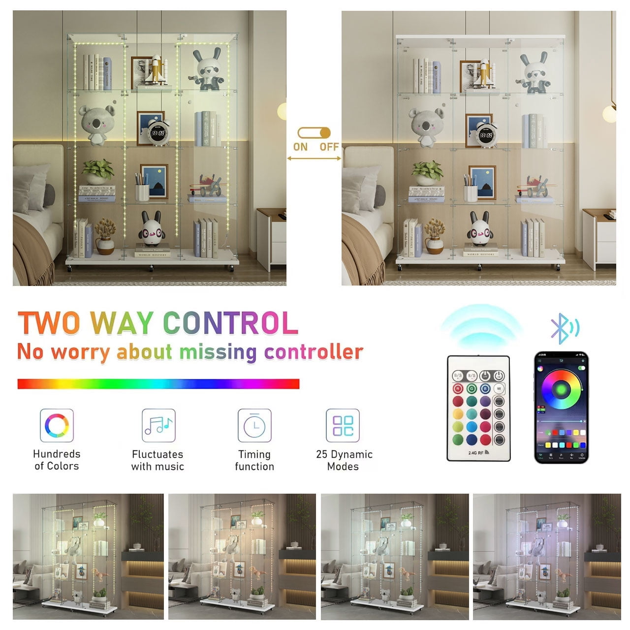 MAYEERTY 4 Tiers Glass Display Cabinet with Bluetooth LED Light Strip, Curio Storage Cabinet with 3 Door Wheels and Lock, Tempered Glass Top, White