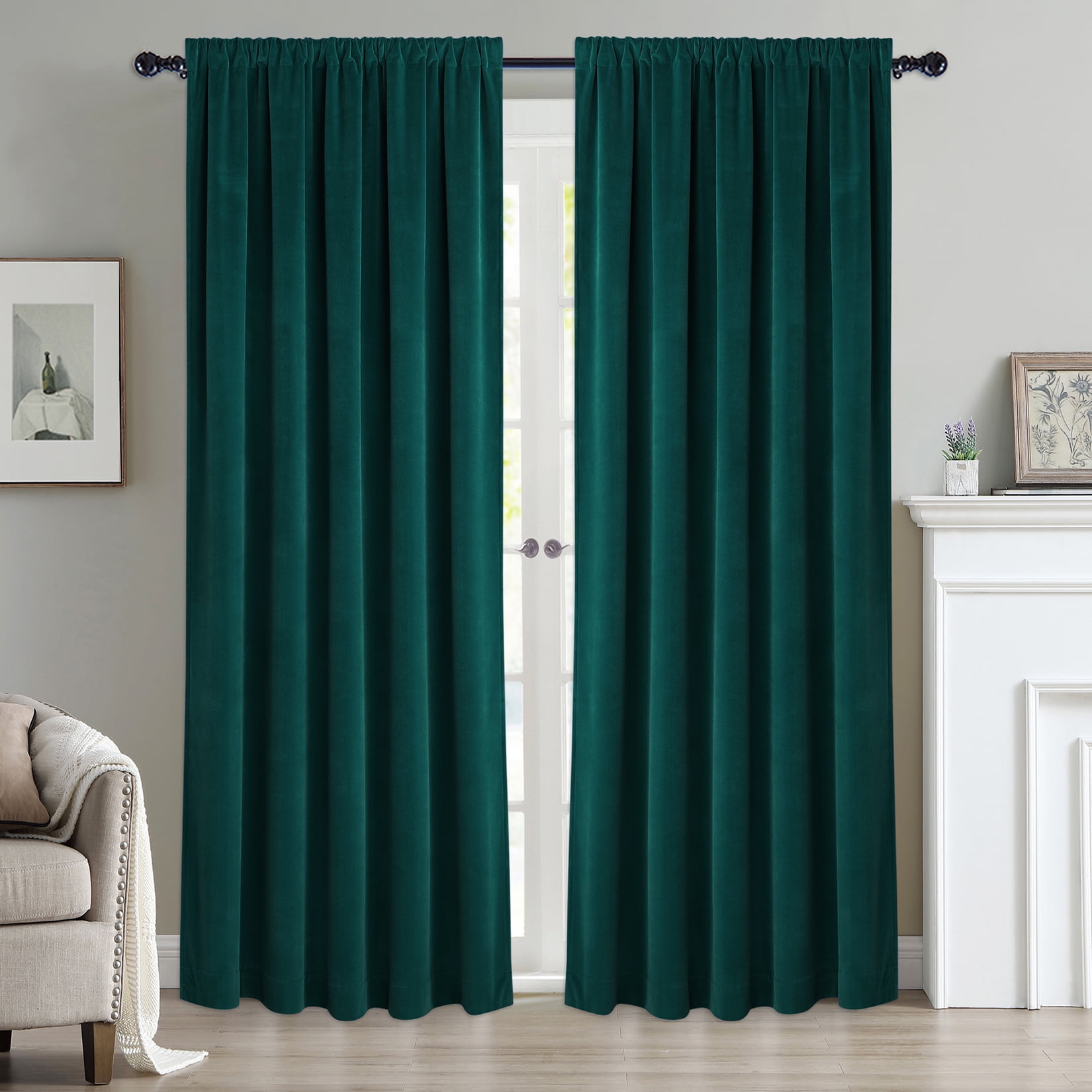 Long Thick Green Velvet Curtains PAIR of Eyelet Ring Top Lined Ready Made Panels 