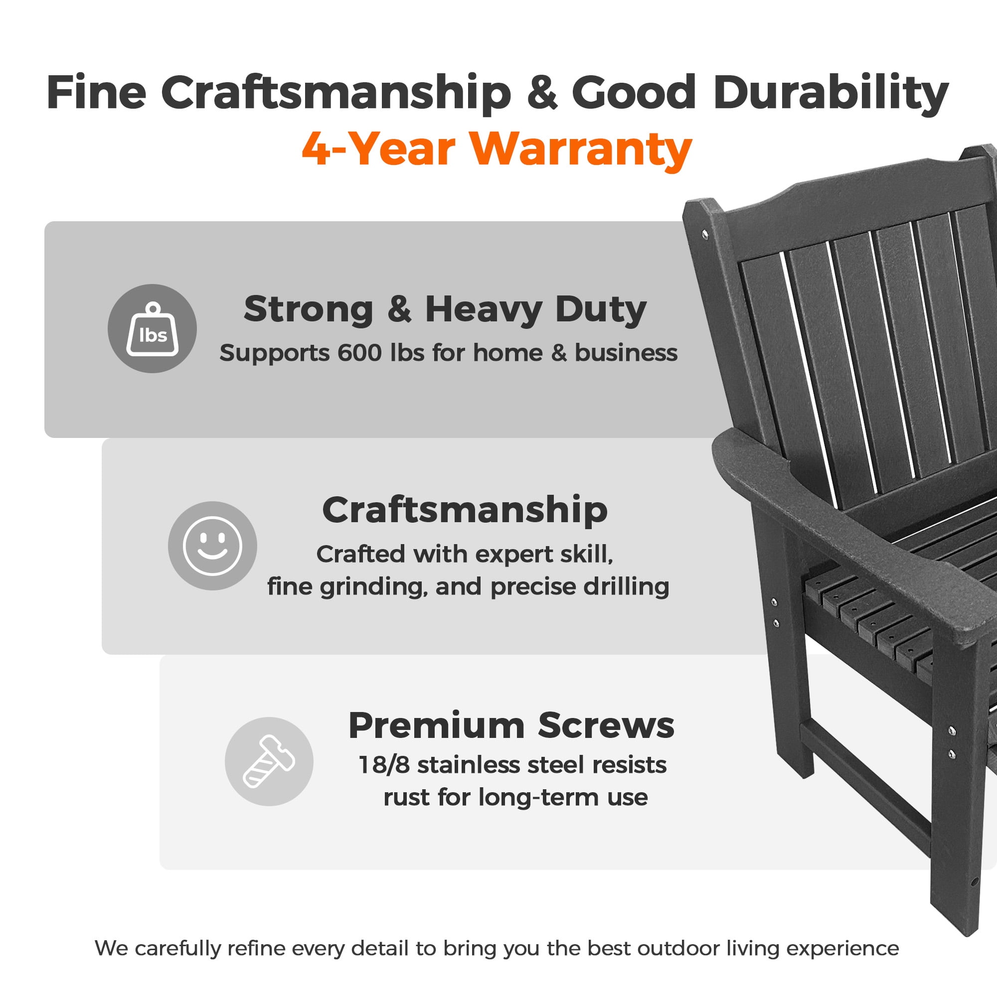 Innovaze HDPE Patio Dinning Chair, Outdoor Chair with 18/8 Stainless Steel Hardware, Heavy Duty 600 LBS, for Outdoor Patio Garden Yard (1 Piece, Gray)