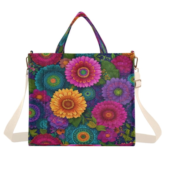 Corduroy Tote Bag for Women Shoulder Handbags Fashion Ladies Purses Satchel Messenger Bags Colorful Blooming Flowers S