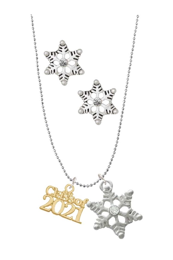 Goldtone Class of 2021 Silver tone Snowflake Charm Necklace and Stud Earrings