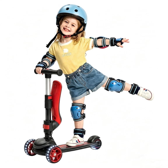 GLIDEZONE Kids Kick Scooter with Seat & LED Wheels, Foldable Adjustable Height Scooter, 2-in-1 Sit to Stand Scooter for Ages 3-14 (Black)