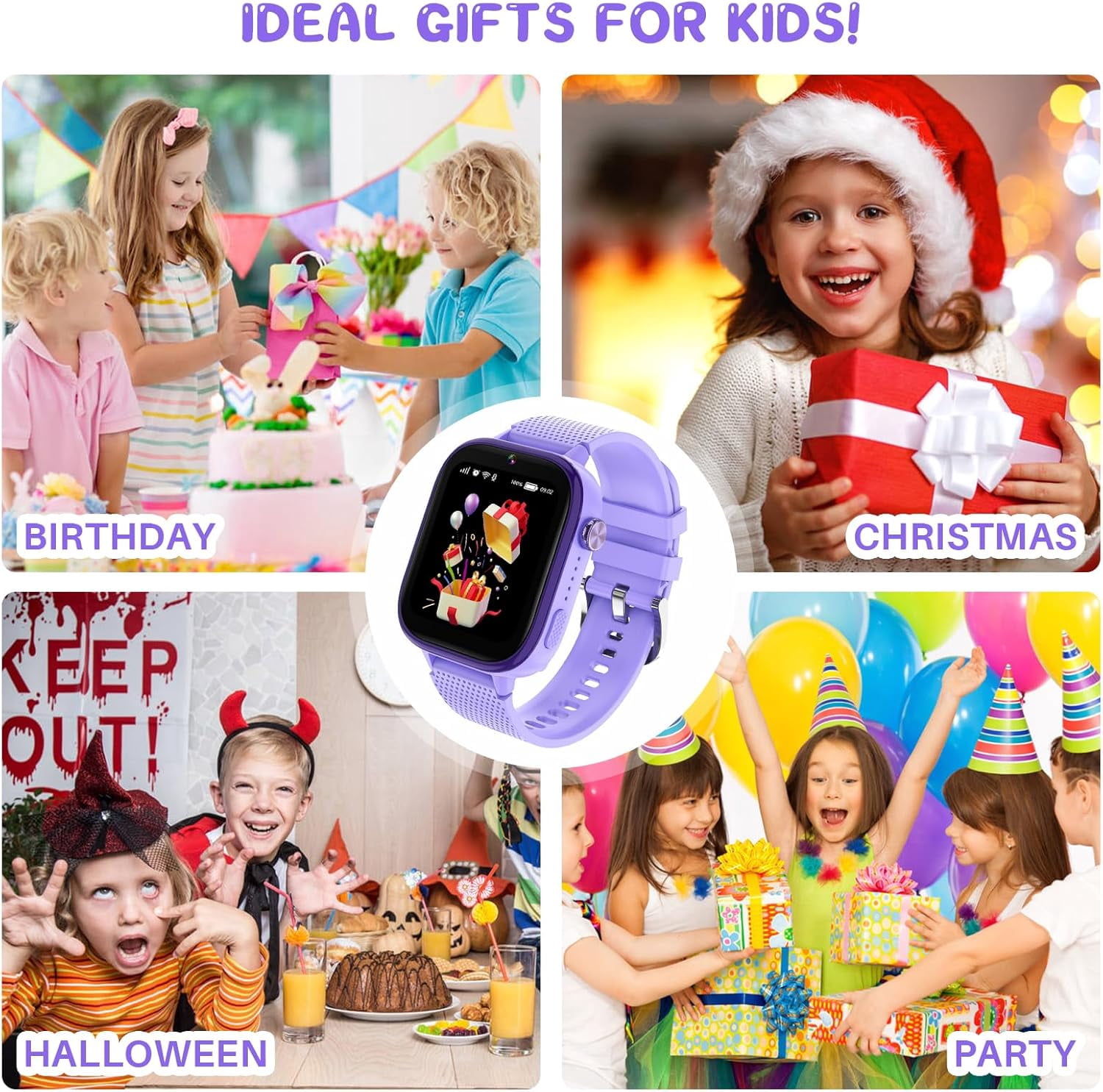 SHANNA 4G Kids Smart Watch GPS Tracker - Smartwatch with 2-Way Call Video Calling Voice Chat SOS Class Mode Pedometer Puzzle Games Wi-Fi Touch Screen Alarm Clock Smartwatches for Boys Girl, Purple