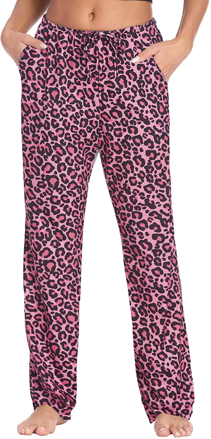 Womens Pajama Pants Stretchy Drawstring Pockets Pajama Bottoms Pj Lounge  Pant S-XXL Brown Leopard Medium 