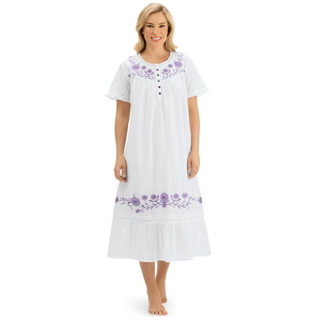 

Collections Etc Women s Embroidered Flounce Short Sleeve Cotton Hem Gown Lilac Medium