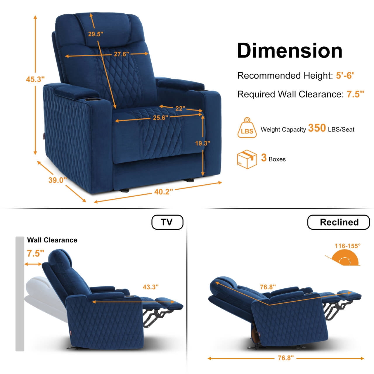 MCombo Power Recliner Chair with Power Headrest, LED Light, Armrest Storage for Living Room & Home Theater, Velvet, Blue
