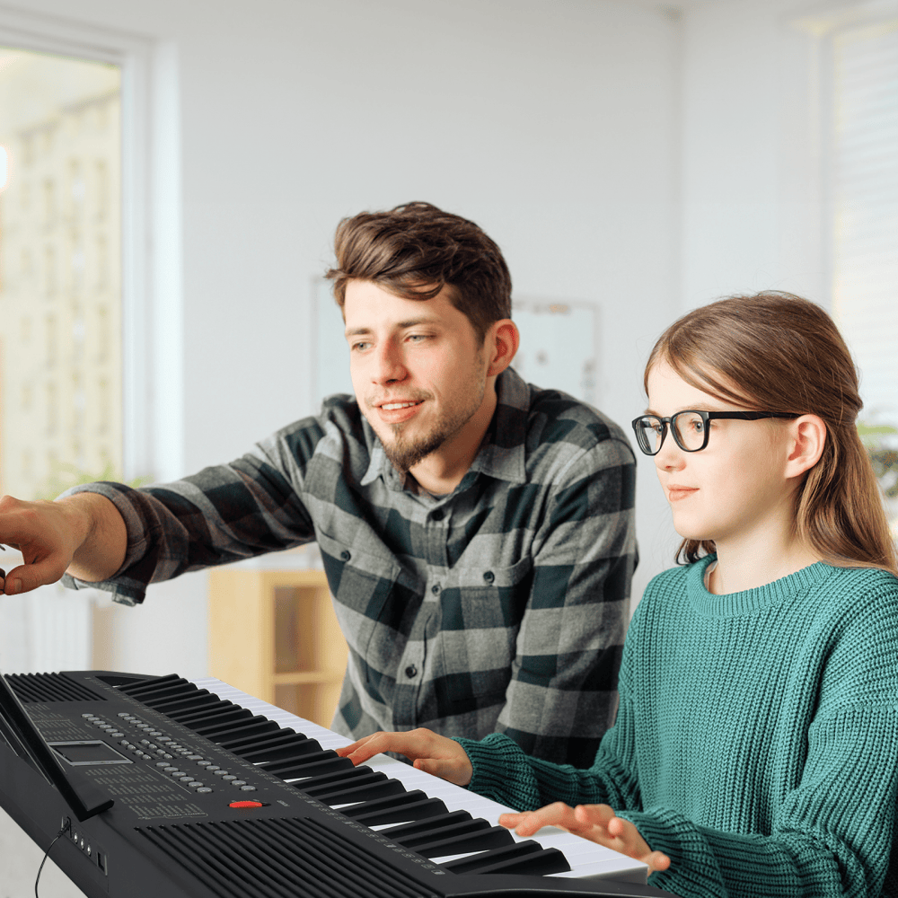 Tcbosik 61 Key Keyboard with Stand, Bench and Music Rest, Piano with Built-In Speakers, Headphone, Microphone, LED Screen and 3 Teaching Modes for Beginners, Black