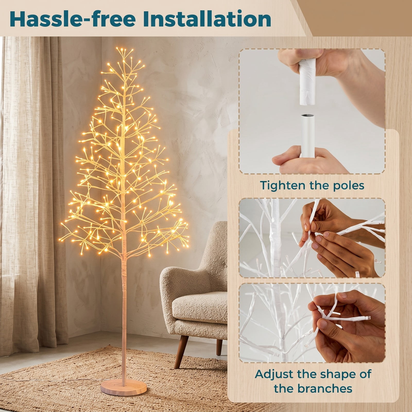 RUIE 5 FT Pre-Lit Birch Tree, Lighted Twig Tree with 240 Warm White LED Lights, Weighted Cement Base, Flexible Branches for Christmas Holiday Home Party Wedding, White