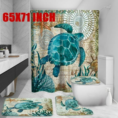 Sea Shower - Sea Turtles Waterproof Bathroom Shower Curtain or 3pcs Toilet Cover Mat Non-Slip Rug Set