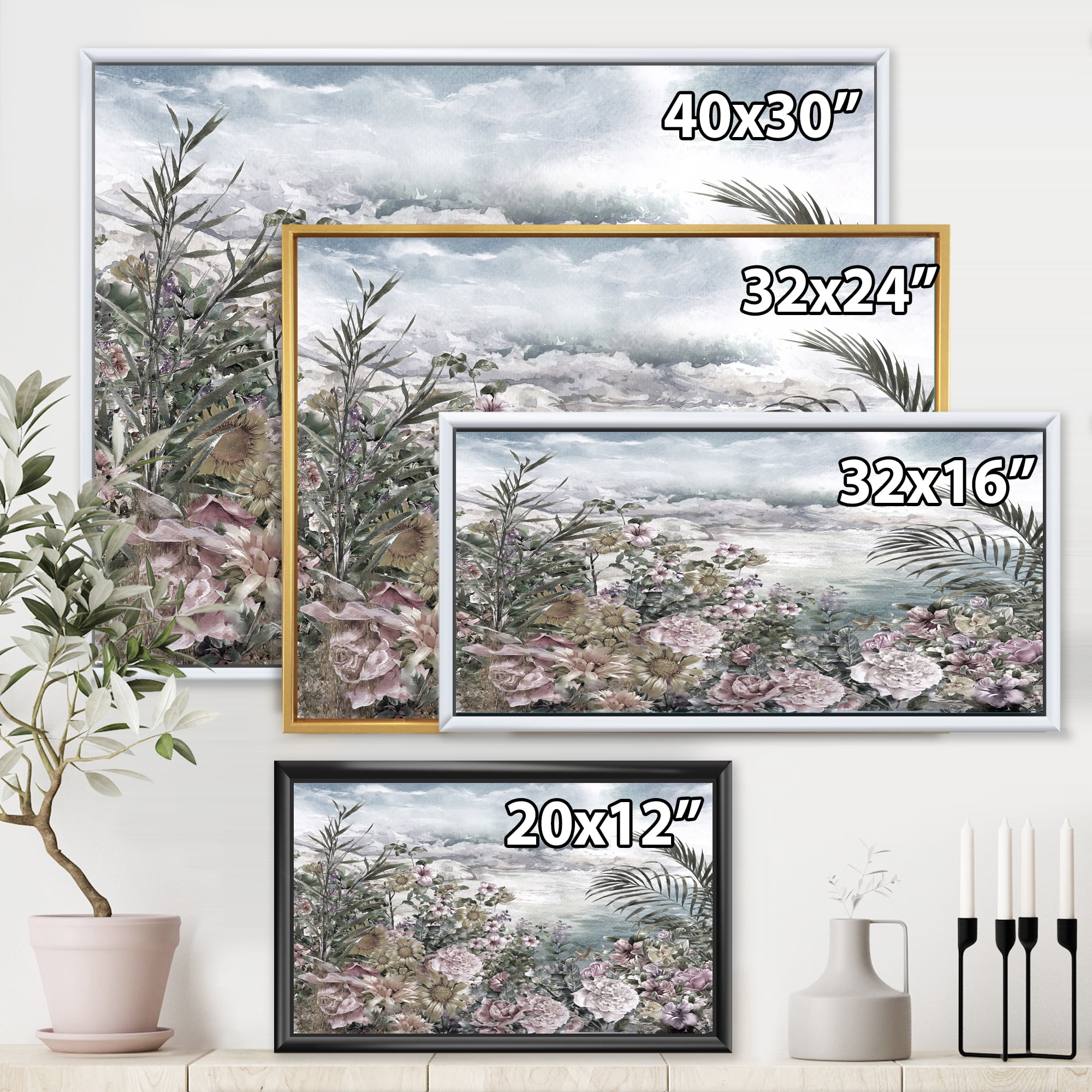 Abstract Retro Flowers By The Sea Side 40 in x 30 in Framed Painting Canvas Art Print, by Designart