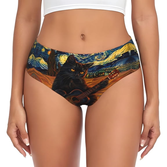 Womens Underwear - Starry Night Cat Guitarist No Show Seamless Underwear for Women, Stretch Women's Panties, Hipster Soft Comfort Ladies Panties Bikini Underwear Briefs
