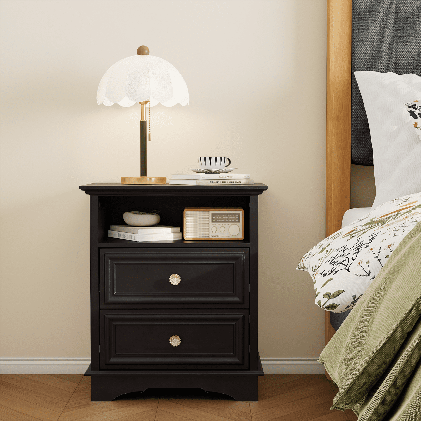 Brafabhome Set of 2 Nightstands with 2 Drawers, Mid-Century Bedside Table with Open Storage Shelf and Hidden Drawer for Bedroom Living Room | Black