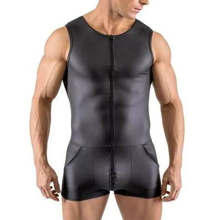 Men Sexy Wet Look Patent Leather Sleeveless Bodysuit Jumpsuit Clubwear Costume