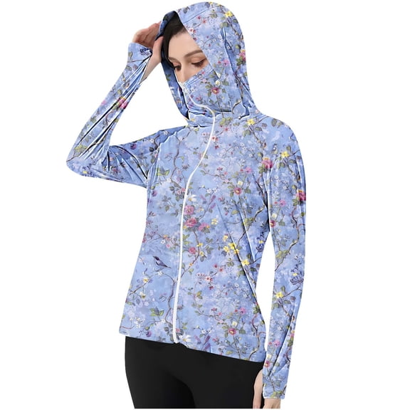 QSAWXQZ Women's UPF 50 Sun Protection Hooded Jacket Zip up Thumb Holes Lightweight Breathable Long Sleeve Quick Dry Outdoor Running Sports Coat M