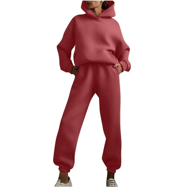 Timegard Sweatsuits for Women 2 Piece Outfits Hooded Solid Color Long Sleeve Pullover Tops Sweatpants with Pockets Set