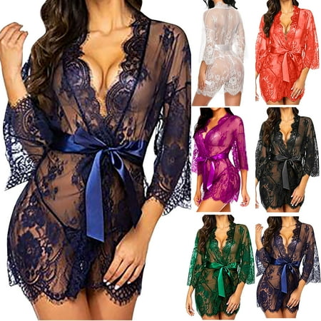 Elainilye Fashion Valentines Day Outfit Women Temperament Versatile Solid Color Sexy Lace Nightgown with Belt Thong Pants Red