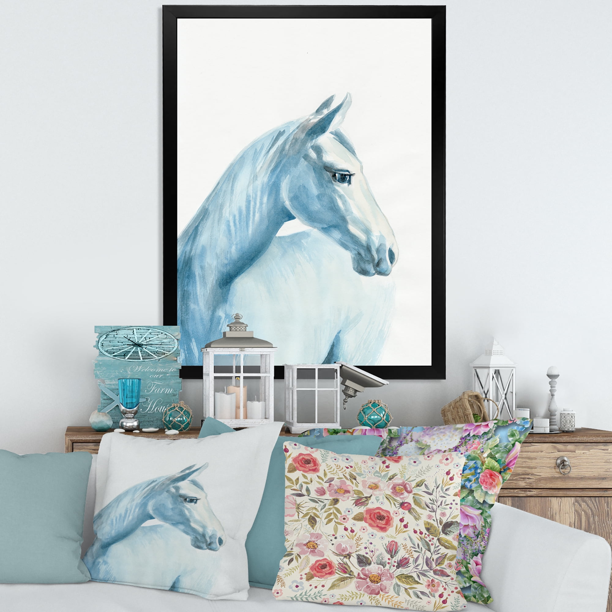 Designart 'Close Up Portrait Of A Light Blue Horse' Farmhouse Framed Art Print
