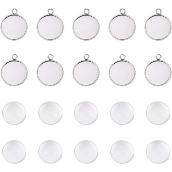 10 Sets 16mm Flat Round Tray Pendants Making Kits 304 Stainless Steel Pendant Cabochon Settings and Clear Glass Cabochon Metal DIY Pendant Findings for Women Necklaces Jewelry Making DIY