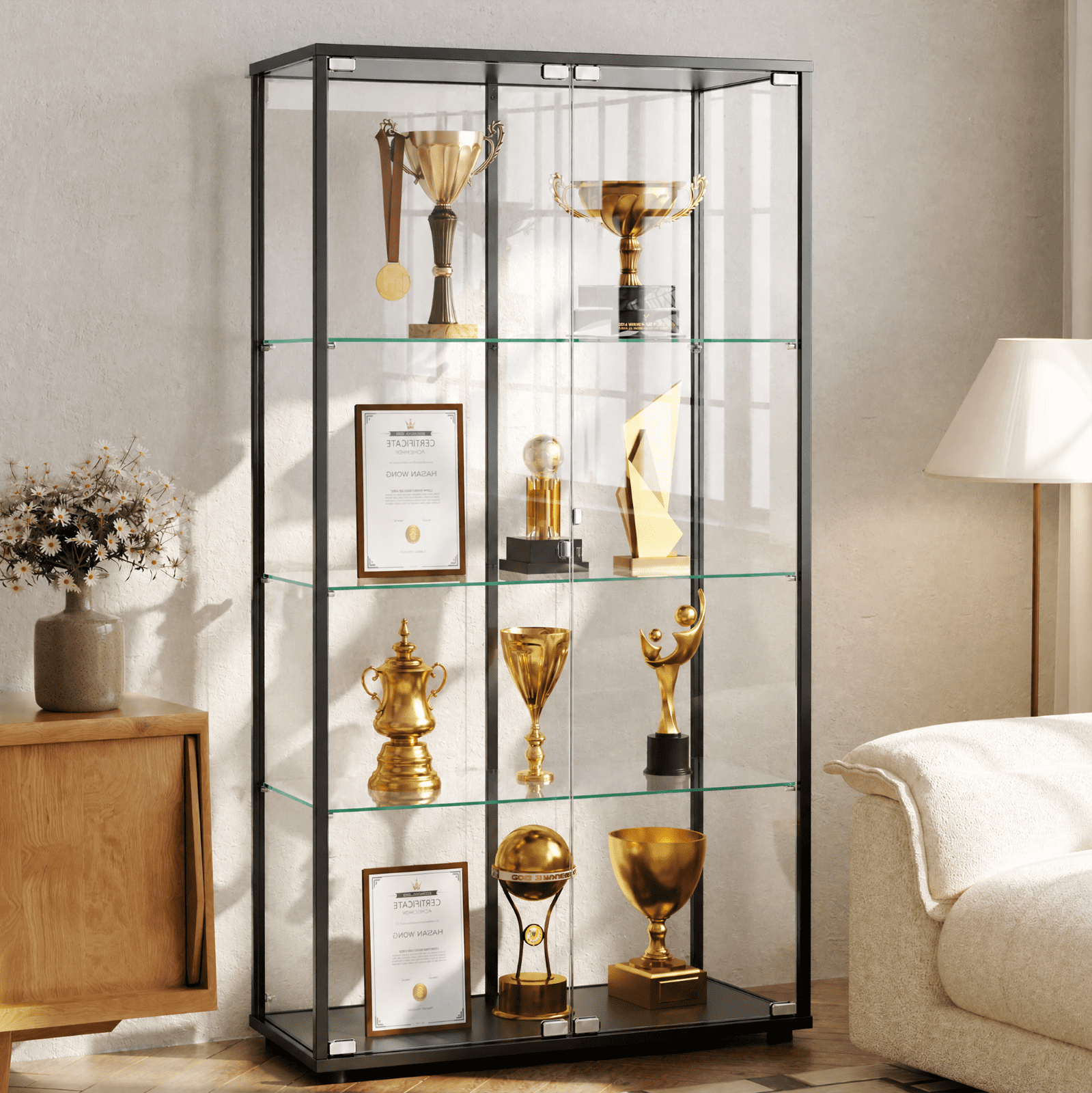 BEAUTYPEAK 4-Tier Display Cabinet with Glass Doors, Double-Door Curio Cases with Aluminum Frame, Black Panels