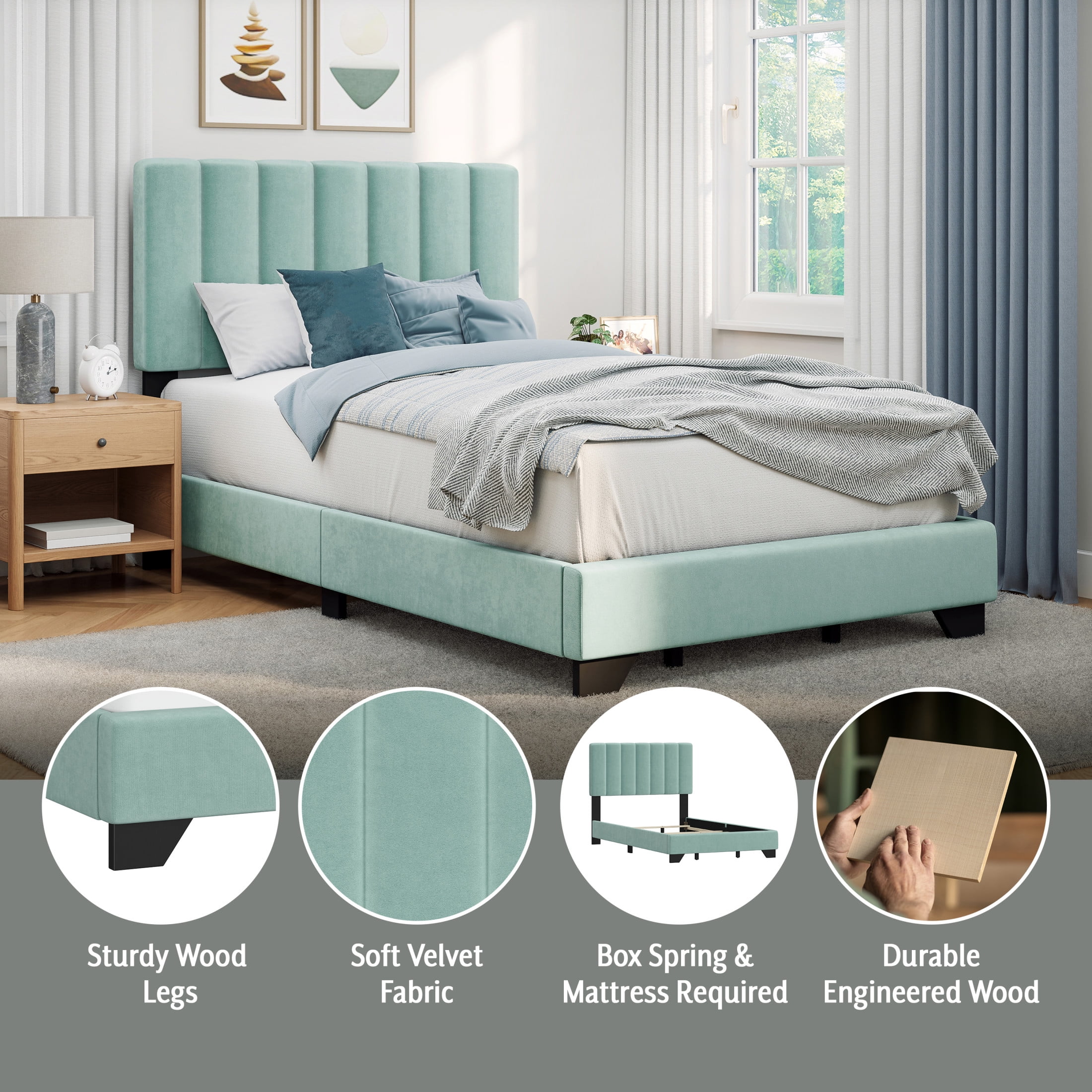 Reece Channel Stitched Upholstered Full Bed, Caribbean Green, by Hillsdale Living Essentials